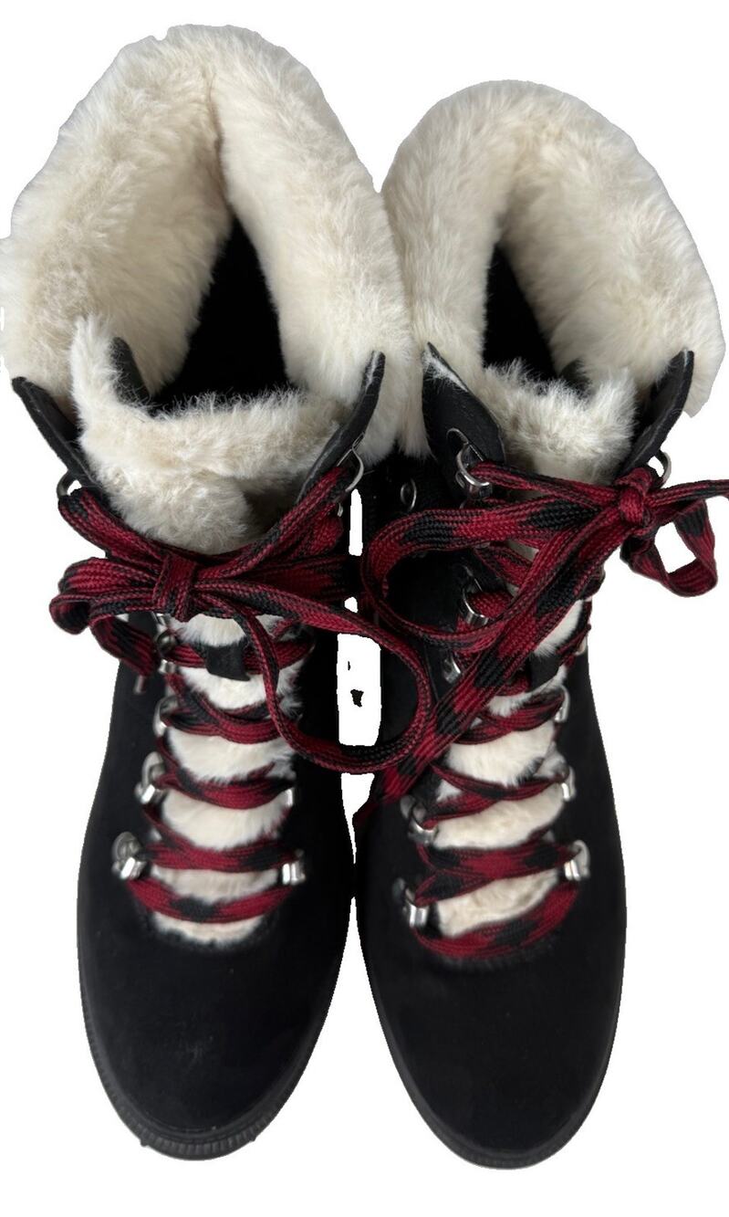 Jellypop Mission Black Hiker Boots Faux Fur Trim Plaid Laces NWOB Womens Size 10